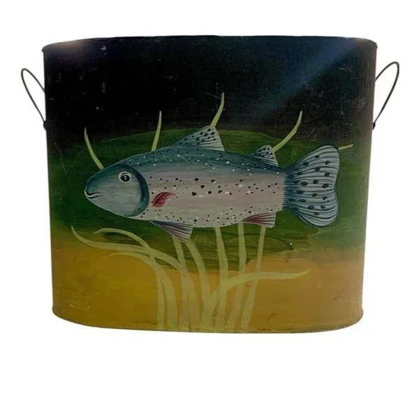 Magazine Holder Fish Painting Tin Bin with Trout Design vintage Rustic Decor